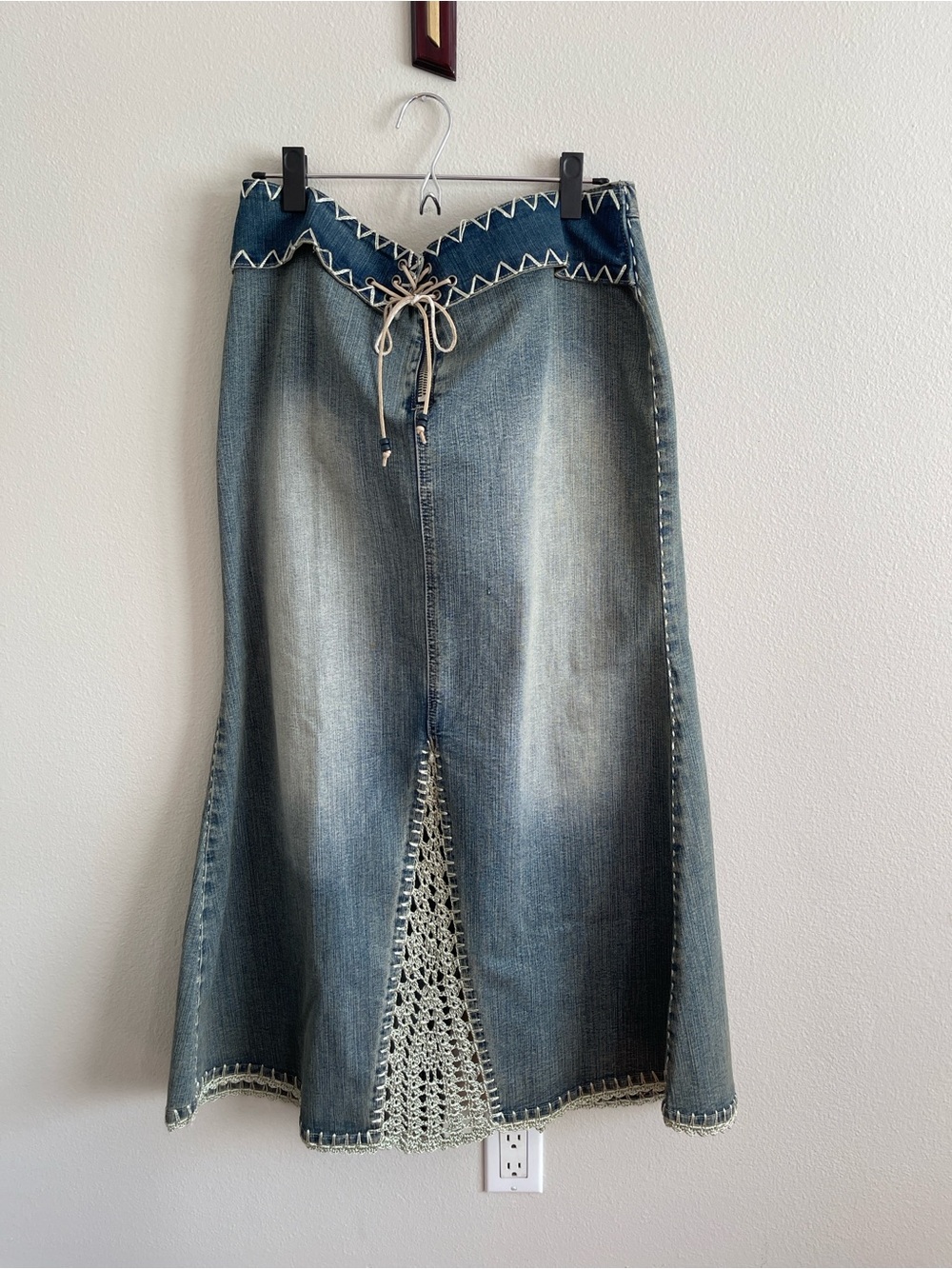 Denim Maxi Skirt with Crochet Inset in Blue